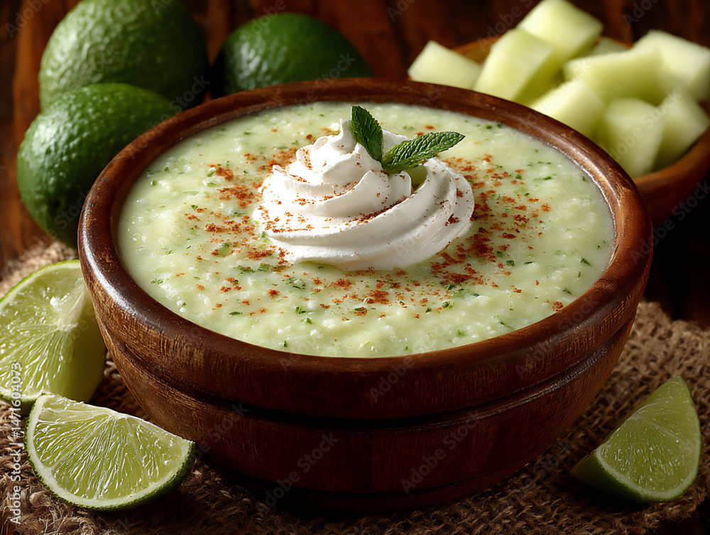 Poster a bowl of intensely chilled honeydew melon and lime soup with a swirl of frozen yogurt.