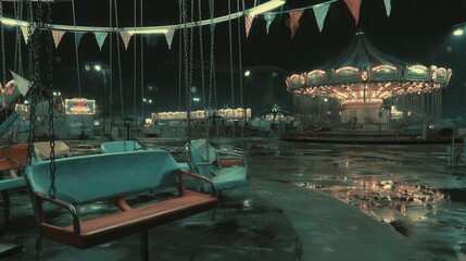 Empty amusement park at night, dimly lit swings and carousel.