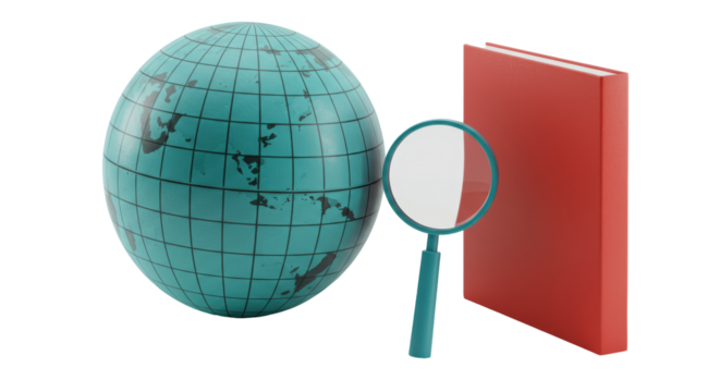 Isolated Globe and Book with Magnifying Glass