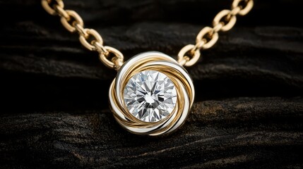 A close-up of a gold necklace with a round diamond pendant displayed on a dark textured surface.
