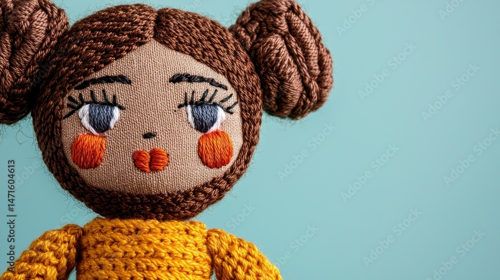 Poster handstitched concept, close-up of handstitched fabric doll with tiny details and unique design again
