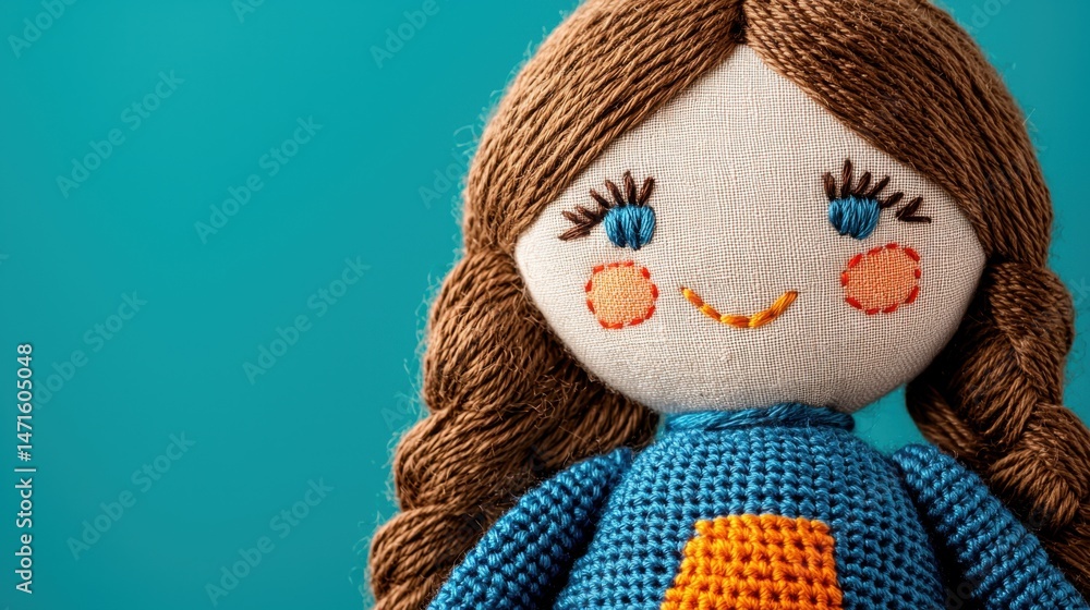 Poster handstitched concept, close-up of handstitched fabric doll with unique features and charming express