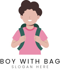 Happy Boy Carrying Backpack School Student Illustration kid art bag kid cute pink blue    