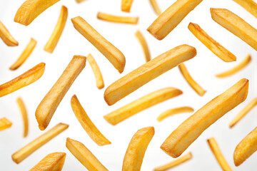 Crispy Golden French Fries Falling on White Background