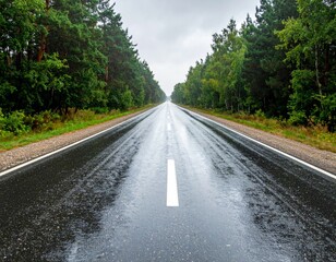 Fototapeta premium Serene Rainy Highway Surrounded by Lush Green Forest Landscape