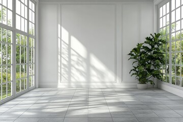 Obraz premium Spacious, sunlit interior with large windows and elegant molding.