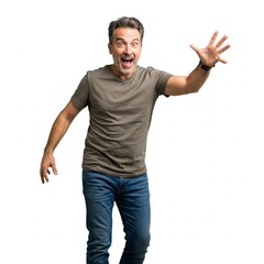 Naklejka premium Excited Mature Man With Open Mouth and Raised Hand