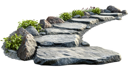 Stone path edge defined by low fieldstone border acting as divider, photorealistic detail, isolated on transparent  background