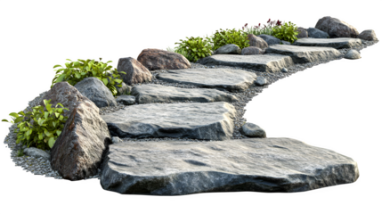 Stone path edge defined by low fieldstone border acting as divider, photorealistic detail, isolated on transparent  background