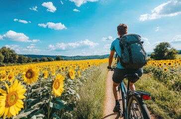 Young traveler riding a bike along sunflower fields in the