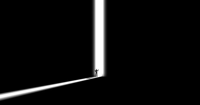 Businessman looking ahead. Entrance opens. Freedom success hope ambition concept. Light entrance in darkness. Camera driveway.
