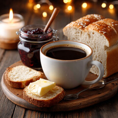 cup of hot coffee and bread with butter and a jar of jam on a rustic wooden table in the evening