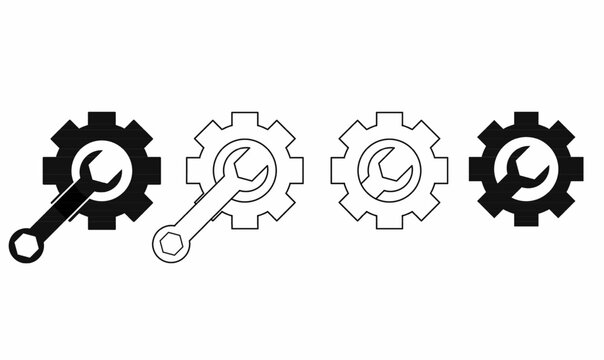 Vector icons of wrench or spaner and gear in various styles.filled, outline, combination. Ideal for settings, repair, engineering UI,UX. wrench gear icon, tools symbol, settings 