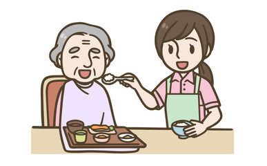 高齢者の食事介助のイラスト（医療・介護・福祉）