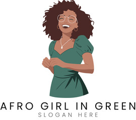 Happy Afro Girl in Green Dress Smiling Vector Illustration art hair cute logo woman style 