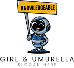 Cute Robot Girl Holding Knowledgeable Sign Vector Illustration art kid fun icon logo blue 