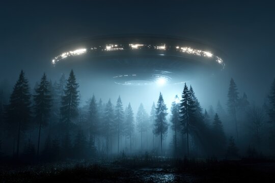 Unidentified Flying Object hovering over foggy woodland. Alien spaceship above forest. Mysterious aerial phenomenon in nature.