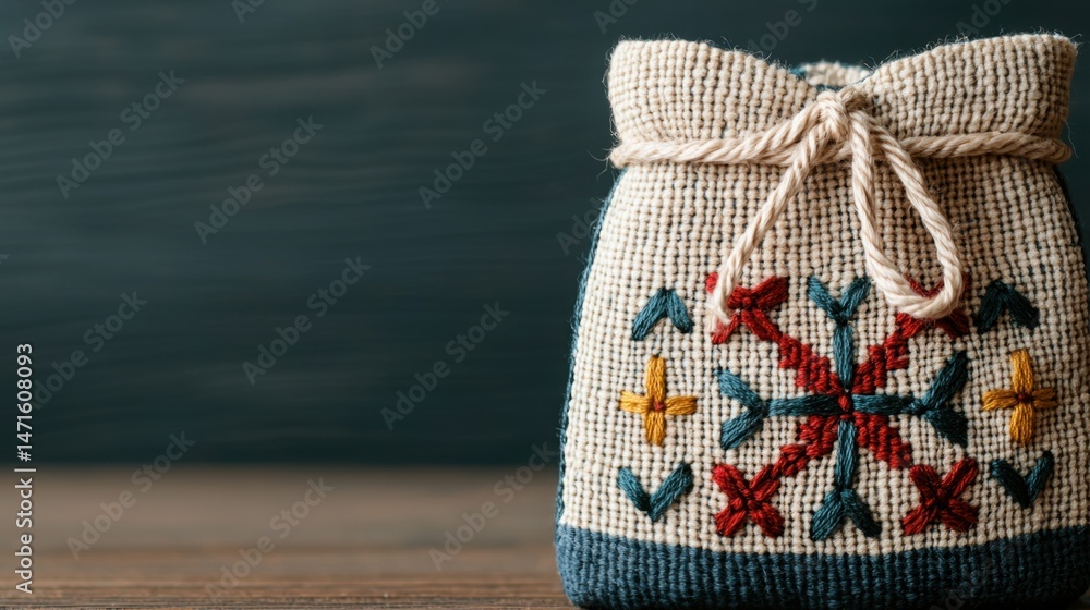 Poster handstitched concept, handstitched fabric pouch with drawstring in close-up view and colorful embroi