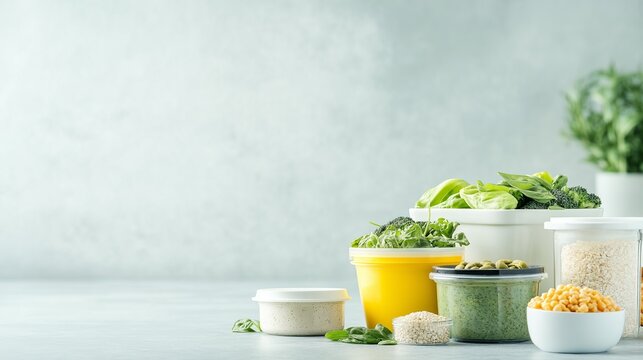 A curated arrangement of vibrant meal prep containers showcases fresh vegetables, lean proteins, and whole grains under natural light on a kitchen counter, promoting healthy eating