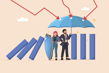 Business Protection and Risk Management a Man and Woman Shielding Falling graphs with an Umbrella and a Shield Against Declining Arrows.