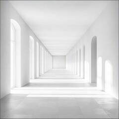 Fototapeta premium A long, white hallway with arched windows.