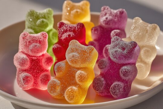 Colorful sugary gummy bear candies arranged on a plate in bright light, ready for a sweet treat, snack food, or childhood indulgence.