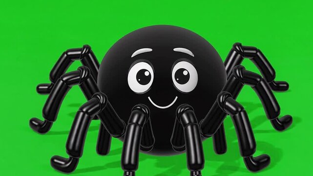 Cute Black Spider with Big Eyes on Bright Green Background