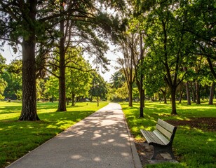Serene Park Pathway with Lush Green Trees and Sunlight Filtering Through