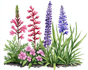 Obraz premium Colorful wildflower garden watercolor pink red purple green leaves blooming nature vibrant cheerful