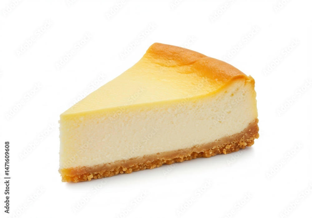 Poster slice of plain cheesecake with graham cracker crust on a white background