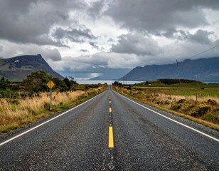 Naklejka premium Serene Roadway Surrounded by Mountains Under Overcast Sky