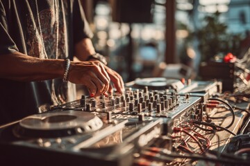 Male DJ adjusting levels on audio mixer; performer at a sunny outdoor venue with a turntable and control board.
