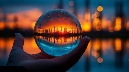 A crystal ball reflecting a vibrant sunset over industrial landscape.