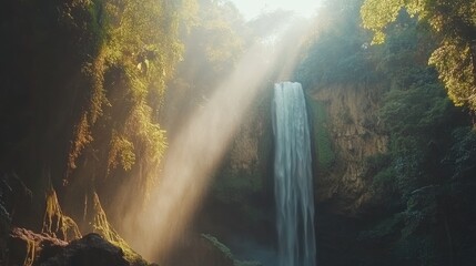 Sunbeams illuminate a lush, secluded waterfall cascading down mossy cliffs into a serene pool