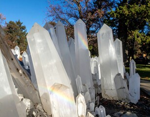 Stunning Crystal Quartz Formation with Sunlight and Rainbow Reflections