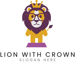 Cute Cartoon Lion King Wearing Crown Glasses Graphic logo icon gold flat kids wild regal  