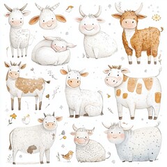Cute cartoon farm animals in various poses.