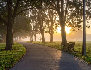 Tranquil Morning Pathway with Fog and Sunrise in a Serene Park