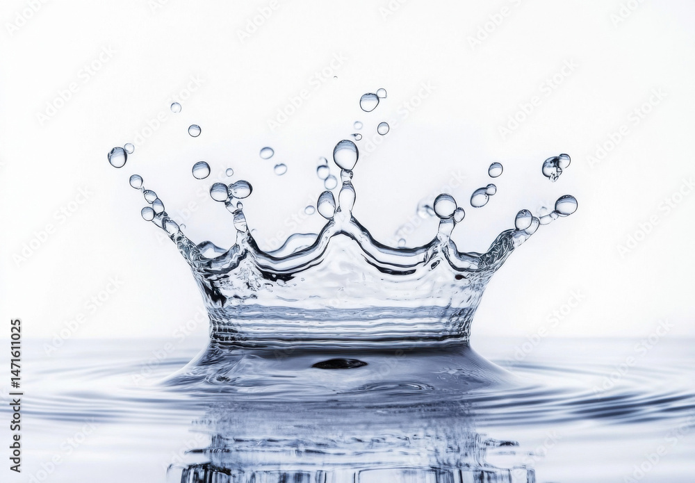 Poster a stunning crown-shaped water splash, captured in a high-resolution image against a bright white bac