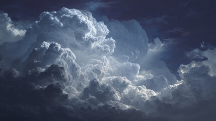Naklejka premium Dense, gray cumulus clouds fill the frame, illuminated from within, creating a dramatic, textured sky scene symbolizing power, nature, and atmospheric conditions