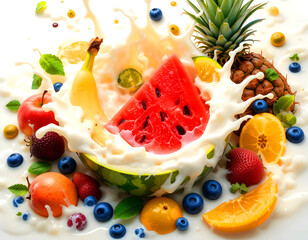 Bright fruit display with a splatter of purple liquid