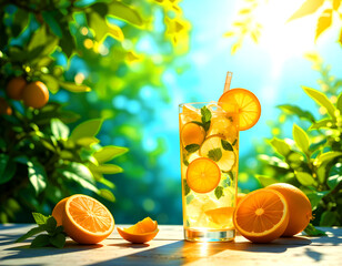 Refreshing summer beverage with citrus fruits and vibrant foliage in bright sunlight