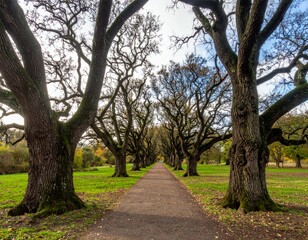 Obraz premium Serene Pathway Flanked by Majestic Trees in Autumn Landscape