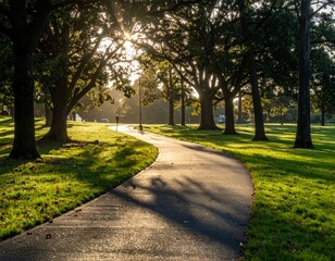 Serene Park Pathway Surrounded by Lush Green Trees and Sunlight