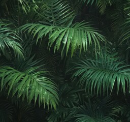 Intricate palm fronds, rich emerald hues, tropical light  ,  close-up,  emerald,  photo