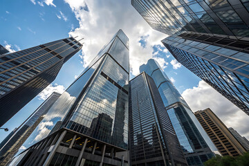 Obraz premium Low angle view of modern skyscrapers in a vibrant cityscape reflecting the bright sky