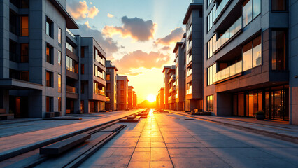 Obraz premium skyscrapers glass and sky view landscape Golden Sunrise Over Dynamic