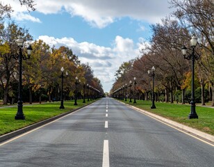Fototapeta premium Serene Tree-Lined Road with Street Lamps Under Cloudy Sky