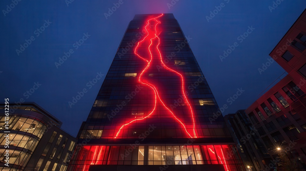 Poster illuminated skyscraper facade at night with red light patterns.