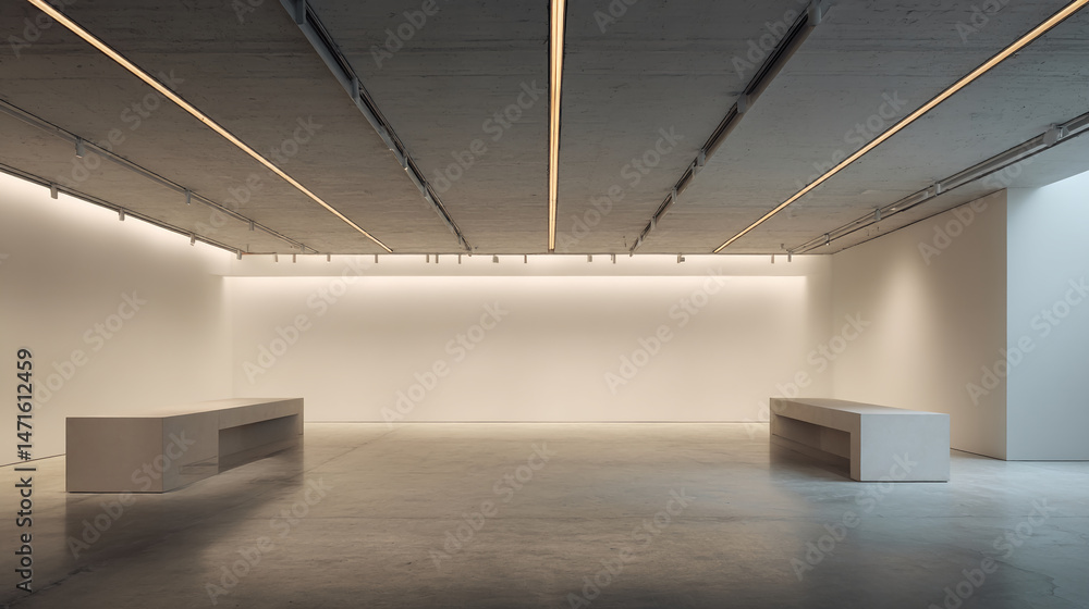 Poster minimalist gallery interior, showcasing two low benches in a spacious room with concrete floor and c